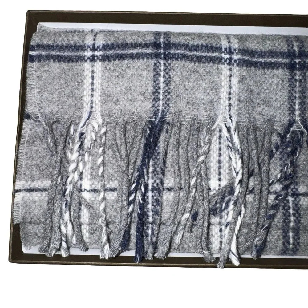 NWT Linea Emmeti MT Cashmere+Wool Gray Plaid Stripe w/Fringe Made Italy Gift Box
